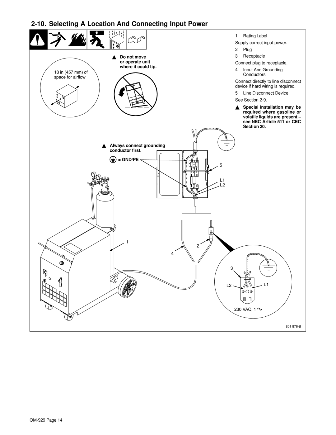 Hobart Welding Products 1800 specifications Selecting a Location And Connecting Input Power, = Gnd/Pe 