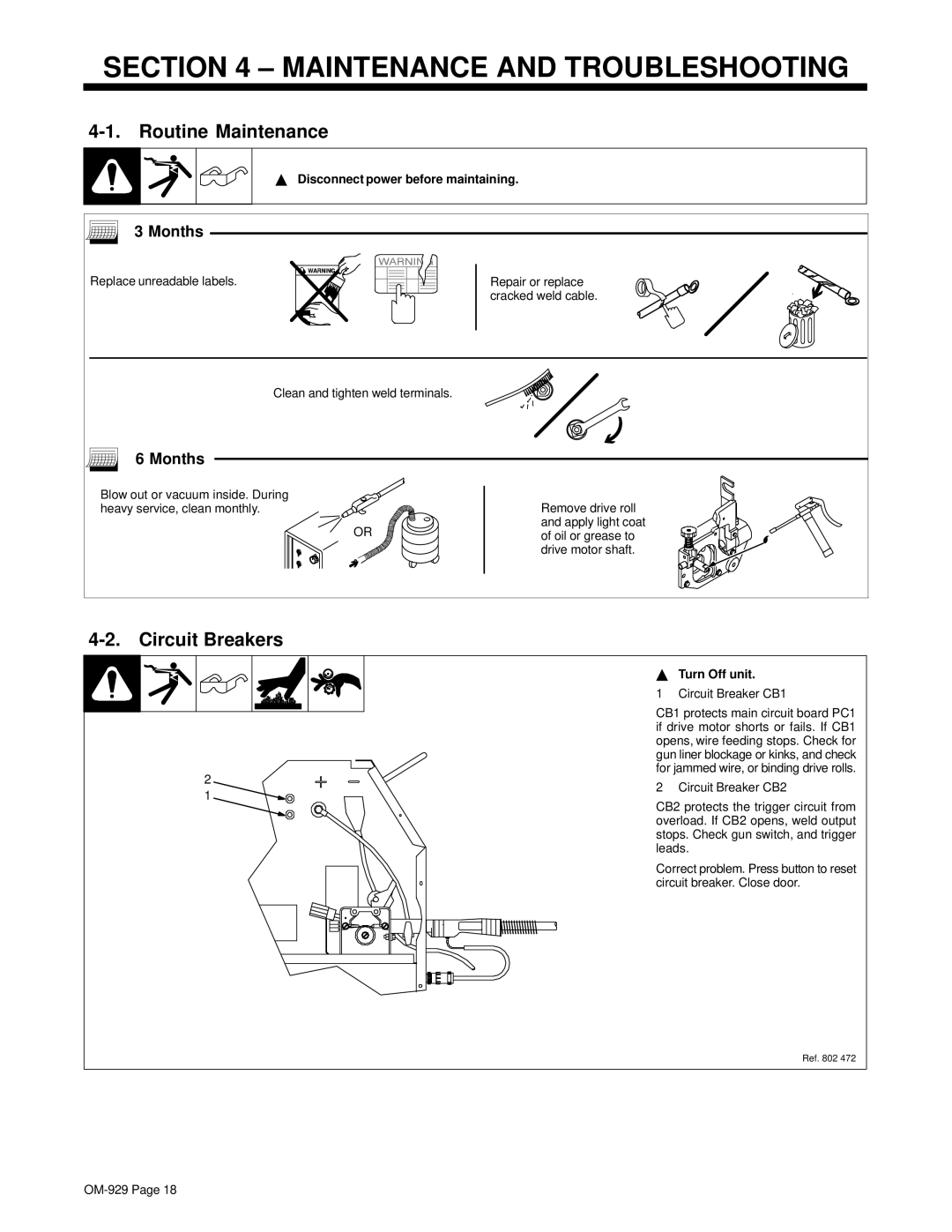 Hobart Welding Products 1800 specifications Maintenance and Troubleshooting, Routine Maintenance, Circuit Breakers, Months 