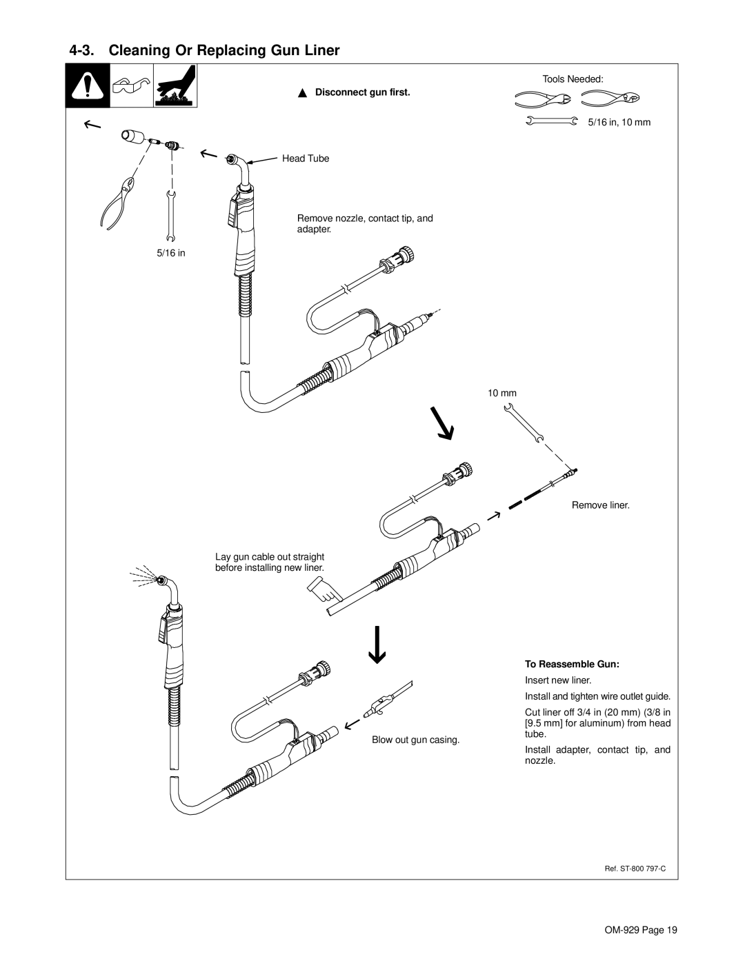 Hobart Welding Products 1800 specifications Cleaning Or Replacing Gun Liner, Disconnect gun first, To Reassemble Gun 