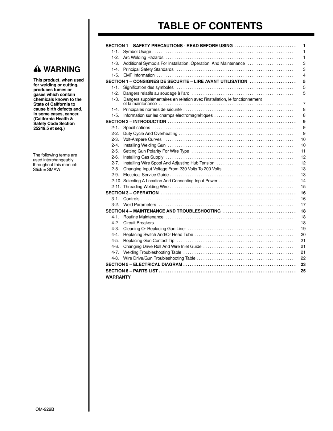 Hobart Welding Products 1800 specifications Table of Contents 