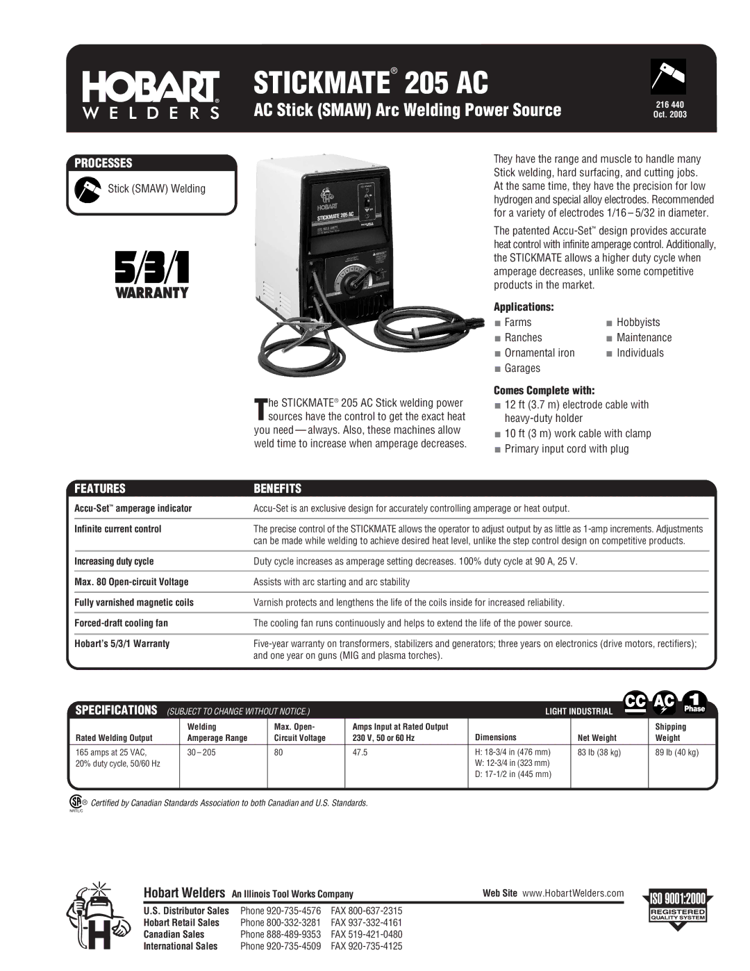 Hobart Welding Products 205 AC specifications Processes, Features Benefits 