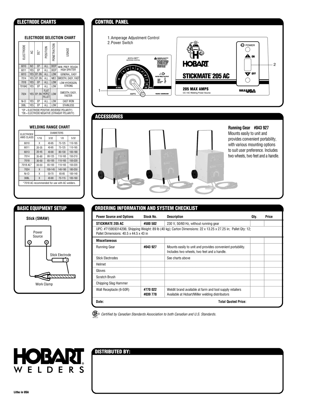 Hobart Welding Products 205 AC Electrode Charts, Control Panel, Accessories, Basic Equipment Setup, Distributed by 