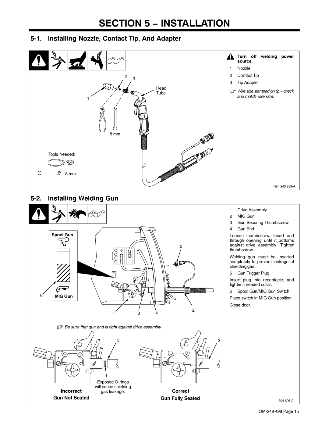 Hobart Welding Products 210 MVP manual Installation, Installing Nozzle, Contact Tip, And Adapter, Installing Welding Gun 