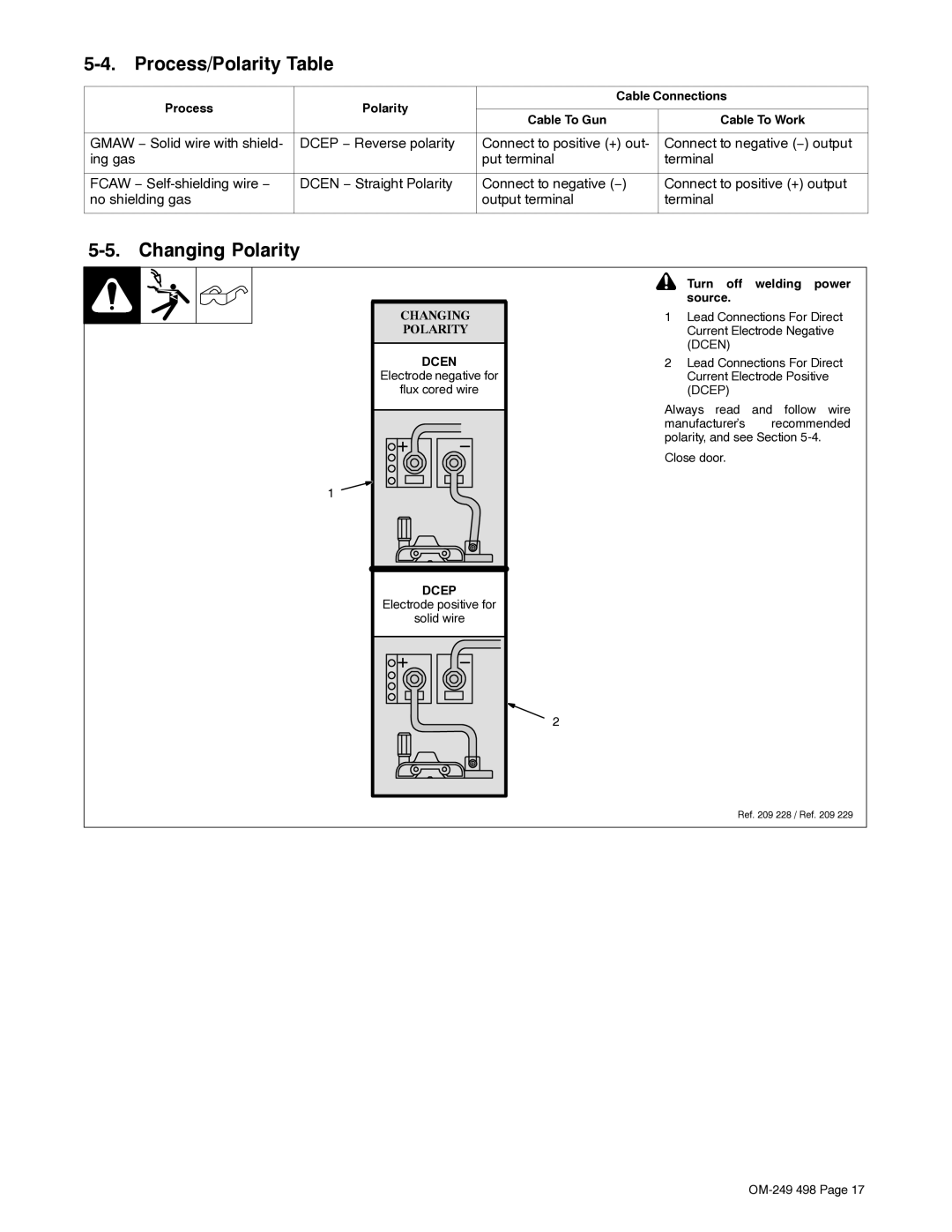 Hobart Welding Products 210 MVP manual Process/Polarity Table, Changing Polarity, Turn off welding power source 