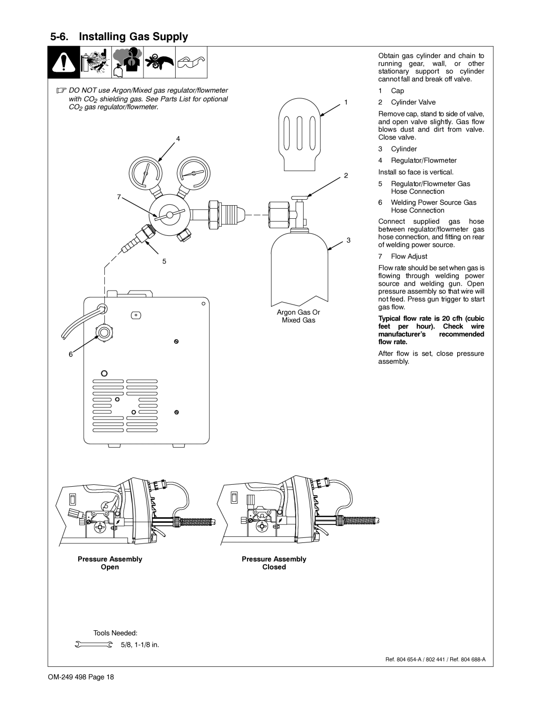 Hobart Welding Products 210 MVP Installing Gas Supply, After flow is set, close pressure assembly, Tools Needed 1-1/8 