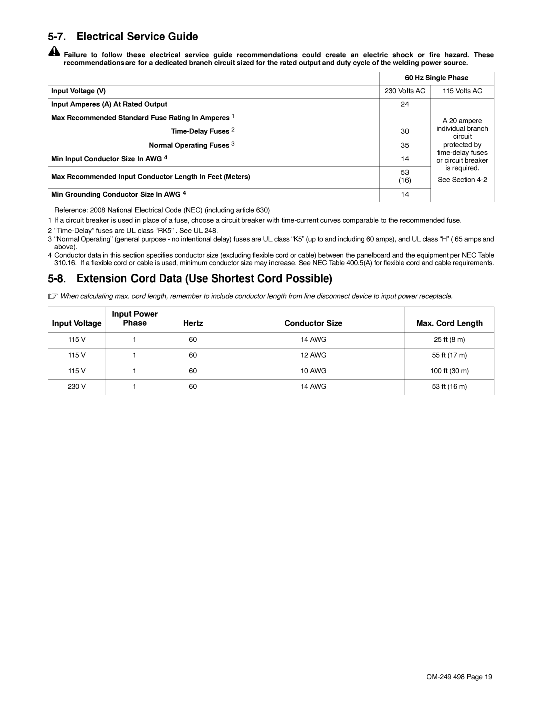 Hobart Welding Products 210 MVP manual Electrical Service Guide, Extension Cord Data Use Shortest Cord Possible 