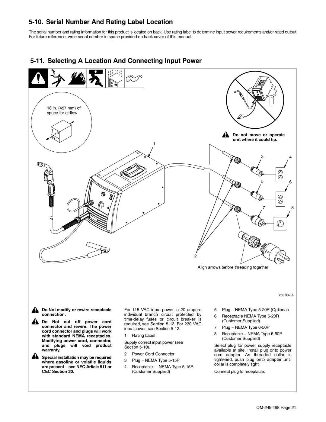 Hobart Welding Products 210 MVP Serial Number And Rating Label Location, Selecting a Location And Connecting Input Power 