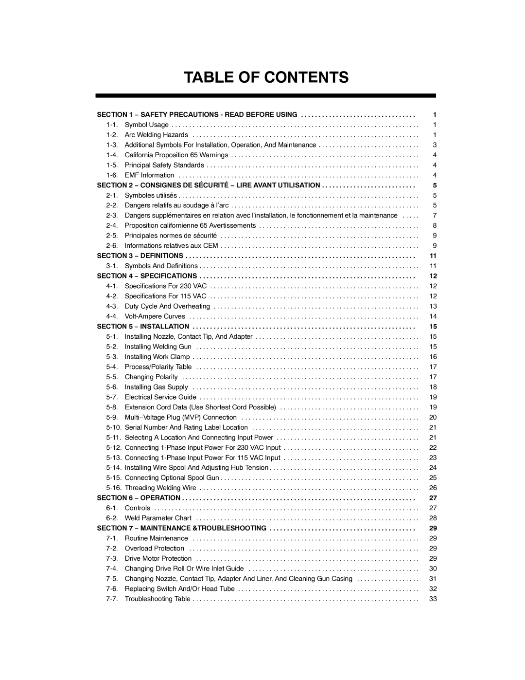 Hobart Welding Products 210 MVP manual Table of Contents 