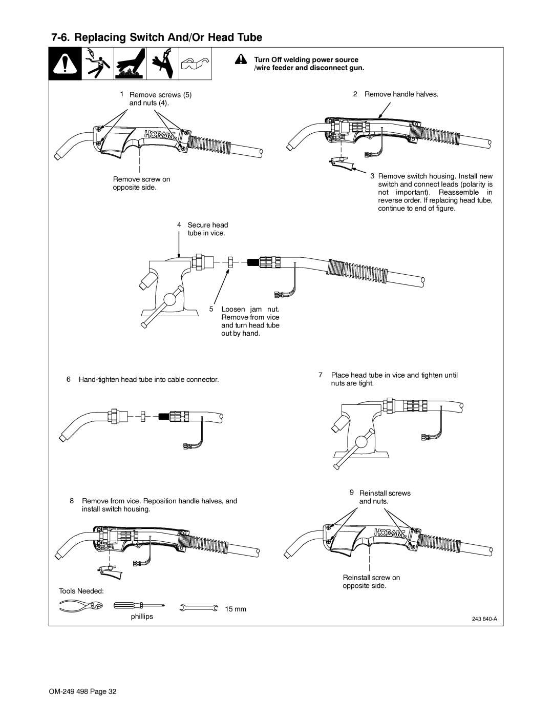 Hobart Welding Products 210 MVP manual Replacing Switch And/Or Head Tube 