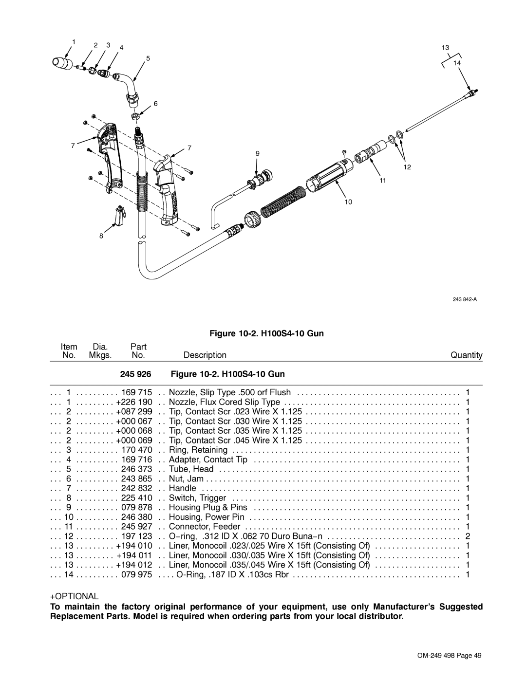 Hobart Welding Products 210 MVP manual H100S4-10 Gun, 245 