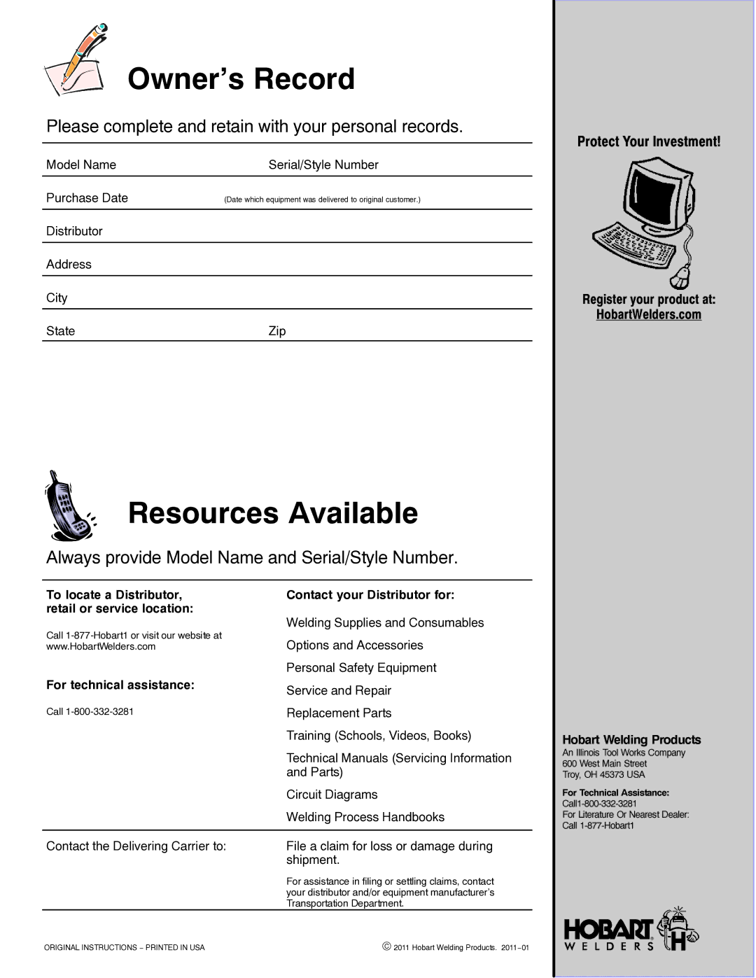 Hobart Welding Products 210 MVP manual Contact your Distributor for, Hobart Welding Products 