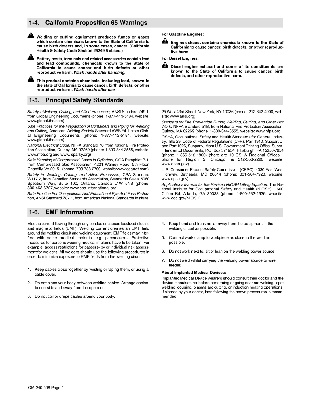 Hobart Welding Products 210 MVP manual California Proposition 65 Warnings, Principal Safety Standards, EMF Information 