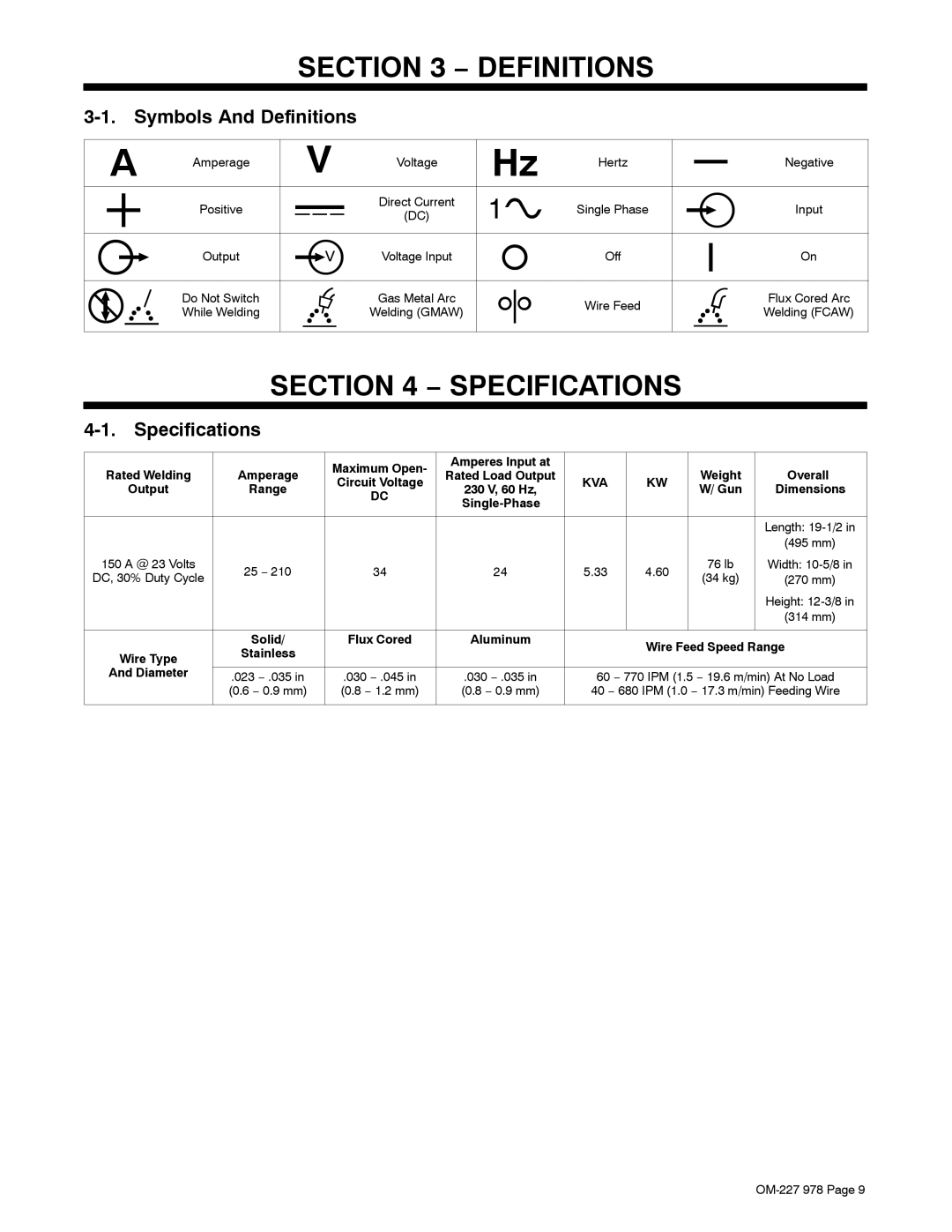 Hobart Welding Products 210 manual Specifications, Symbols And Definitions 