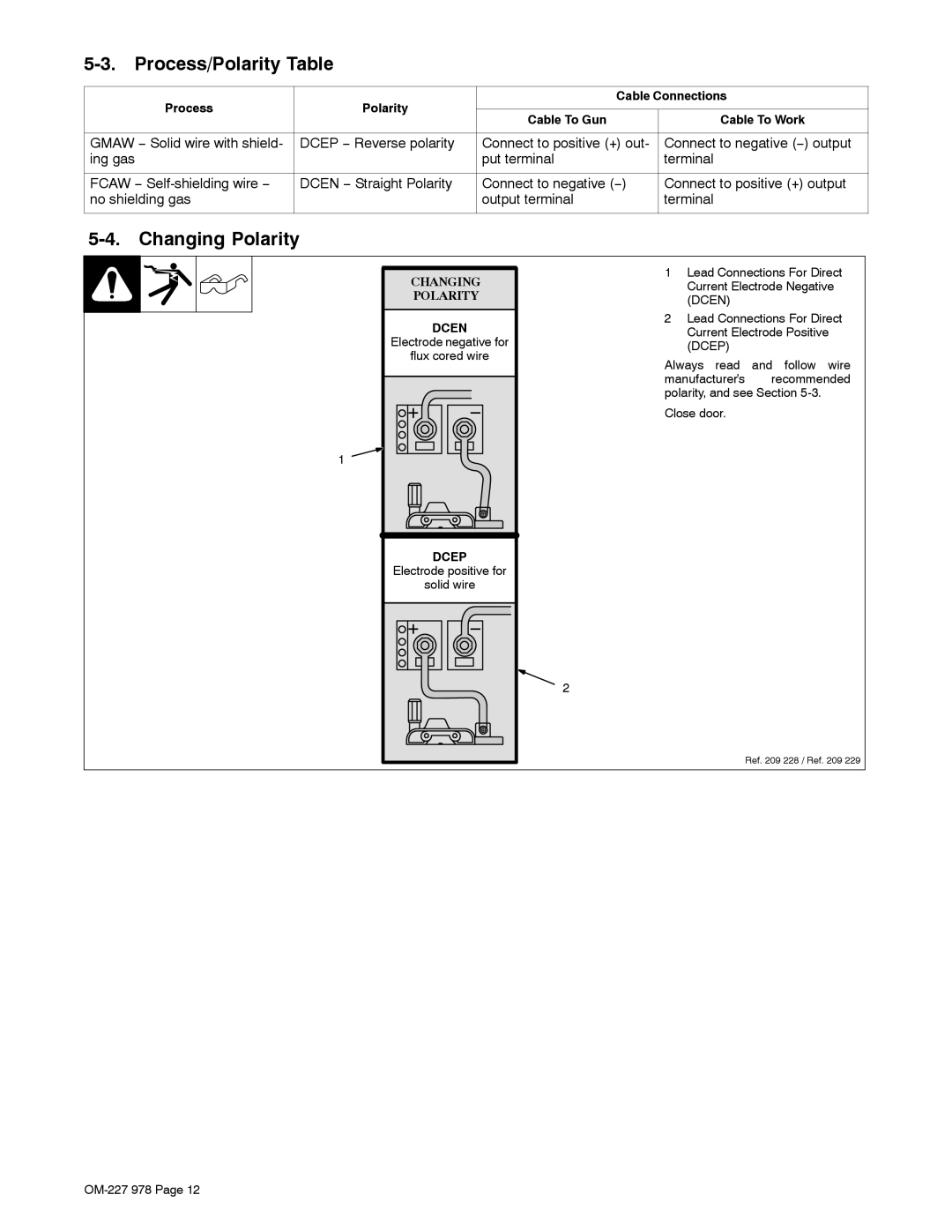 Hobart Welding Products 210 manual Process/Polarity Table, Changing Polarity 