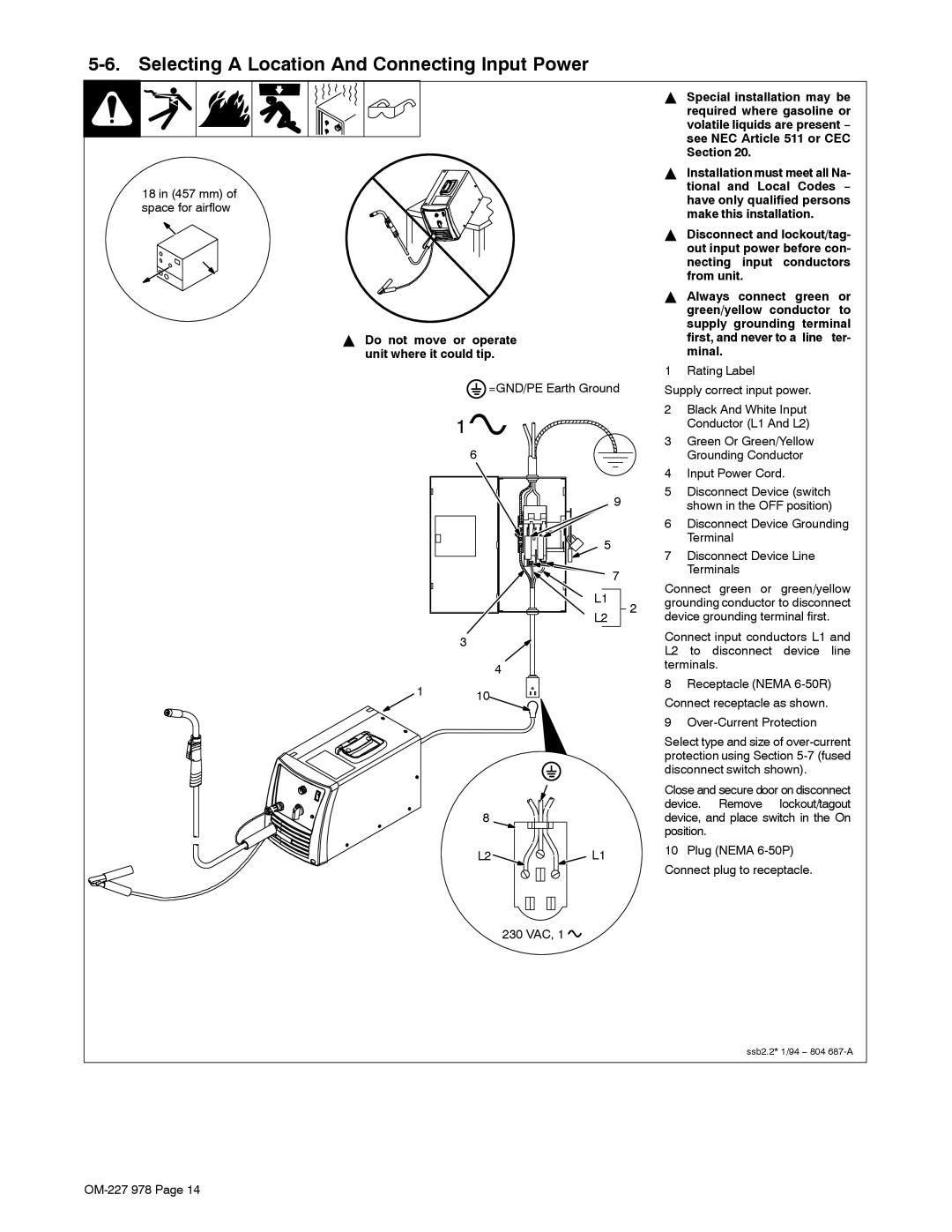 Hobart Welding Products 210 manual Selecting a Location And Connecting Input Power, First, and never to a line ter- minal 