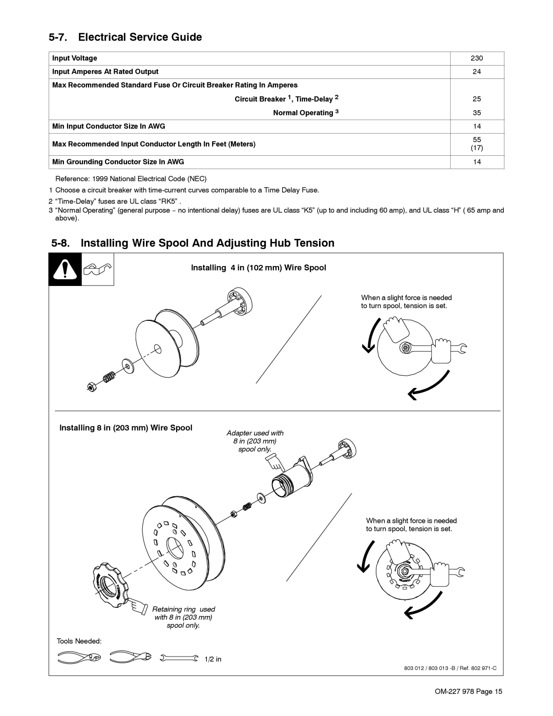 Hobart Welding Products 210 manual Electrical Service Guide, Installing Wire Spool And Adjusting Hub Tension 