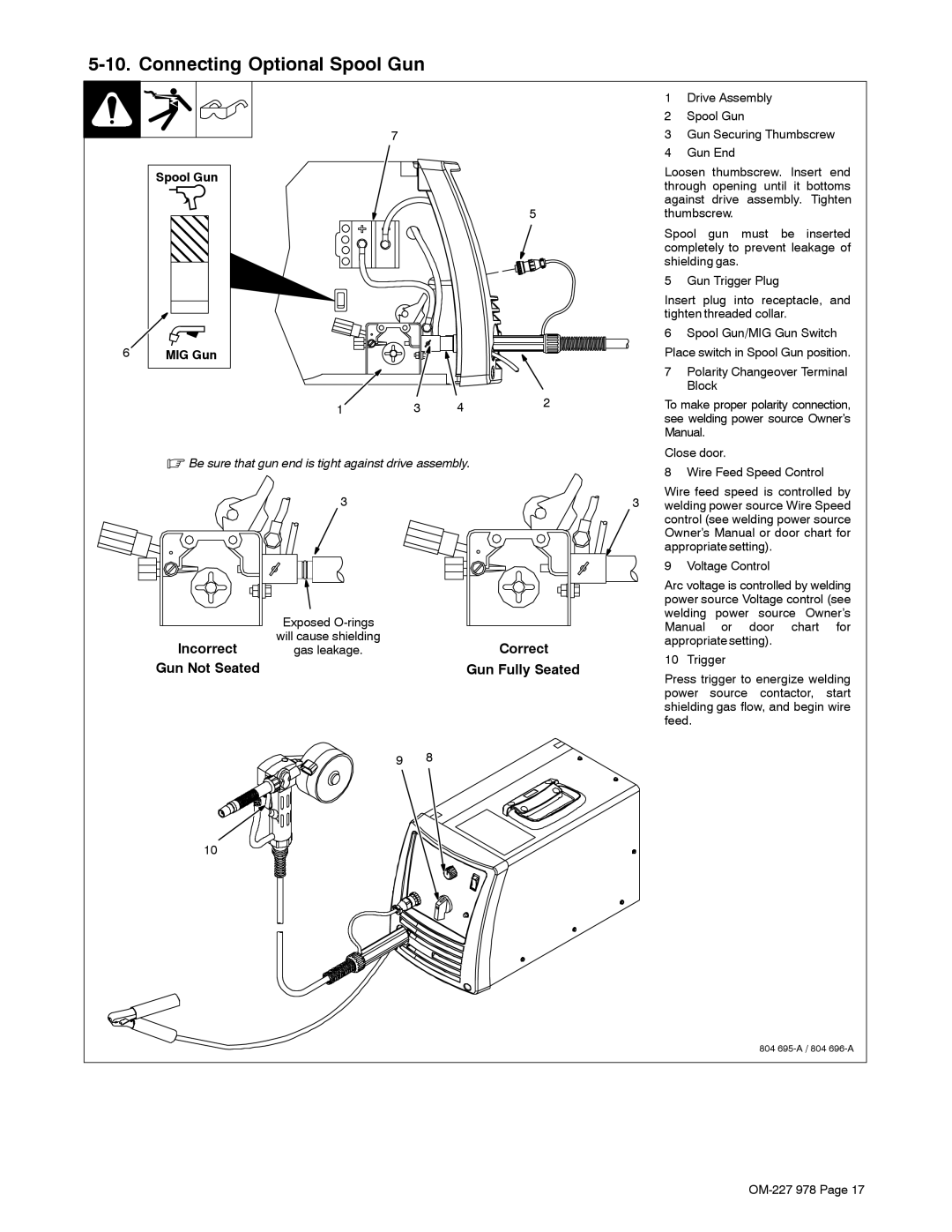 Hobart Welding Products 210 manual Connecting Optional Spool Gun, Appropriate setting 