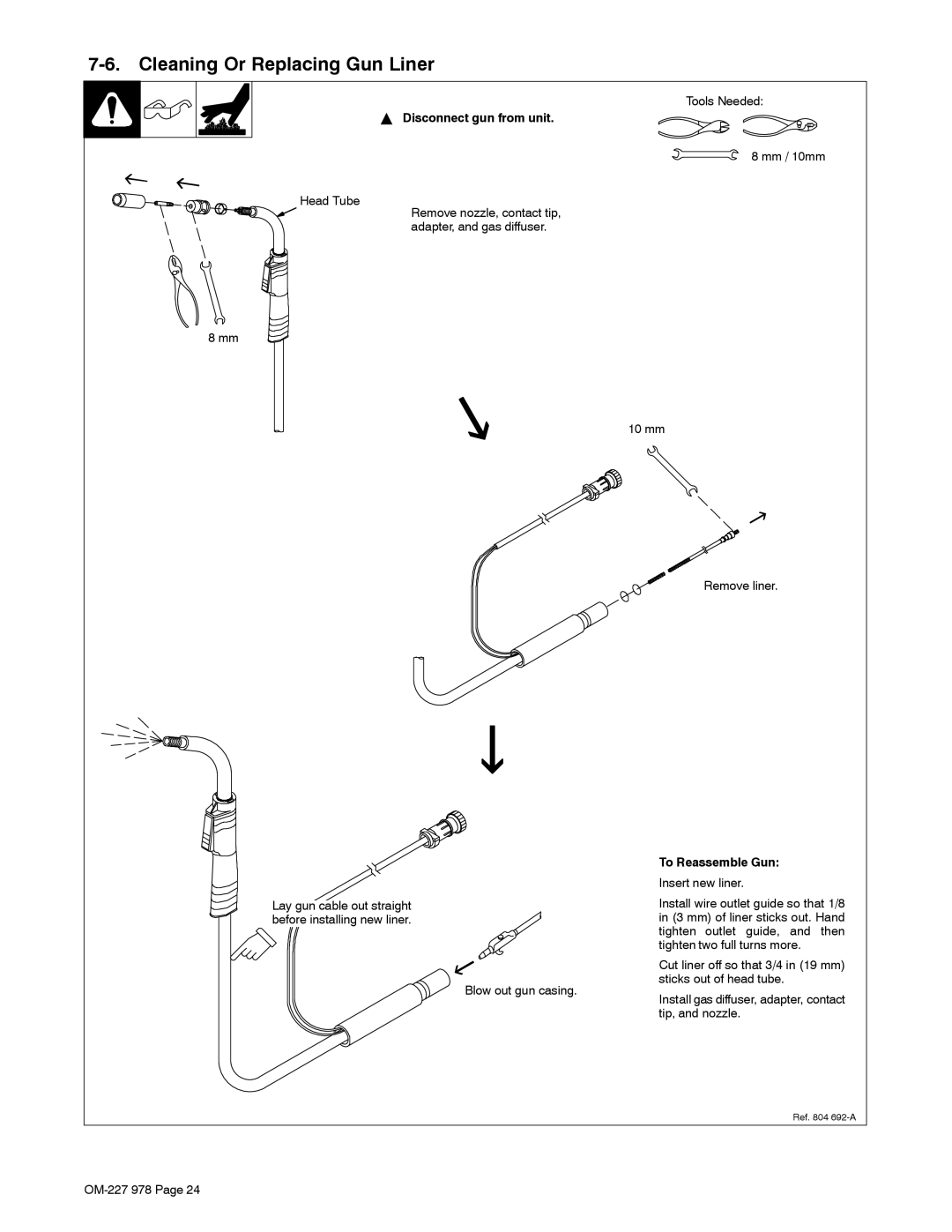 Hobart Welding Products 210 manual Cleaning Or Replacing Gun Liner, Disconnect gun from unit, To Reassemble Gun 