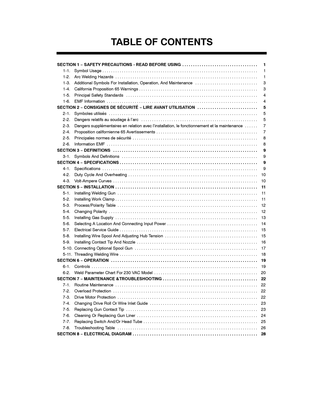 Hobart Welding Products 210 manual Table of Contents 