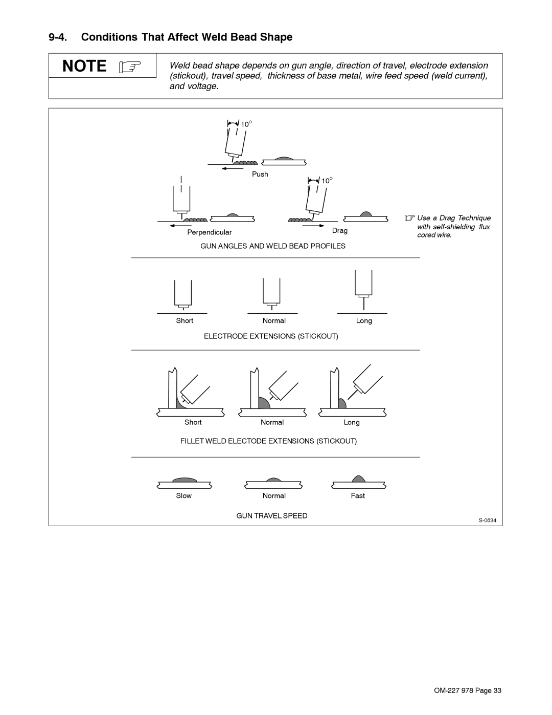 Hobart Welding Products 210 manual Conditions That Affect Weld Bead Shape, Cored wire 