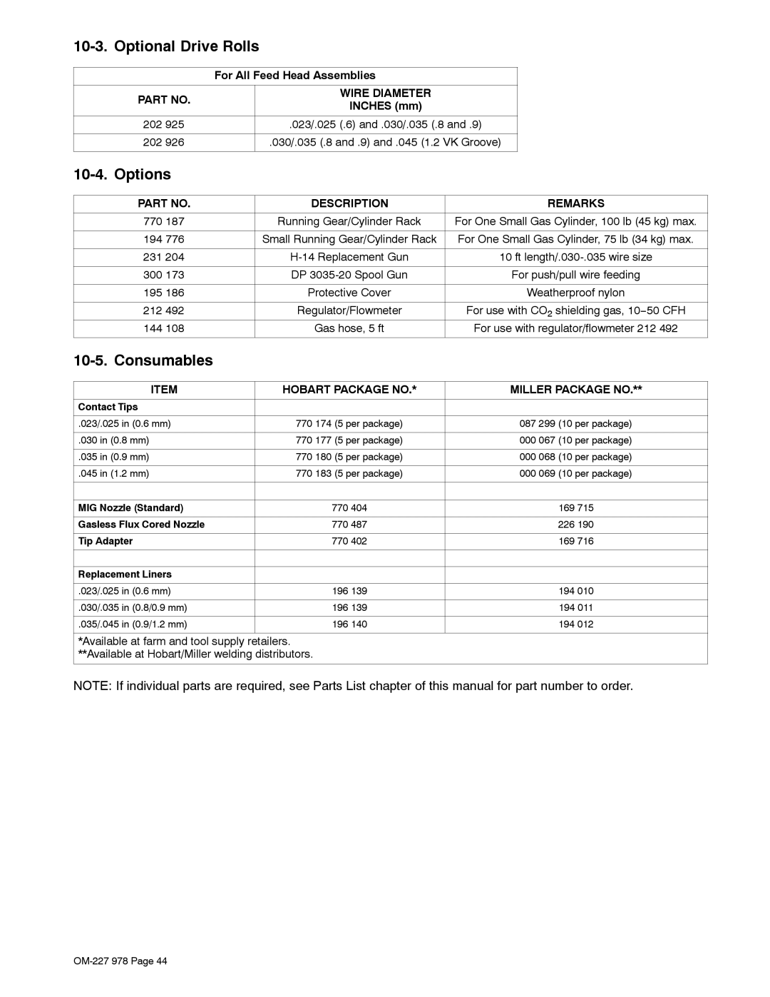 Hobart Welding Products 210 manual Optional Drive Rolls, Options, Consumables 