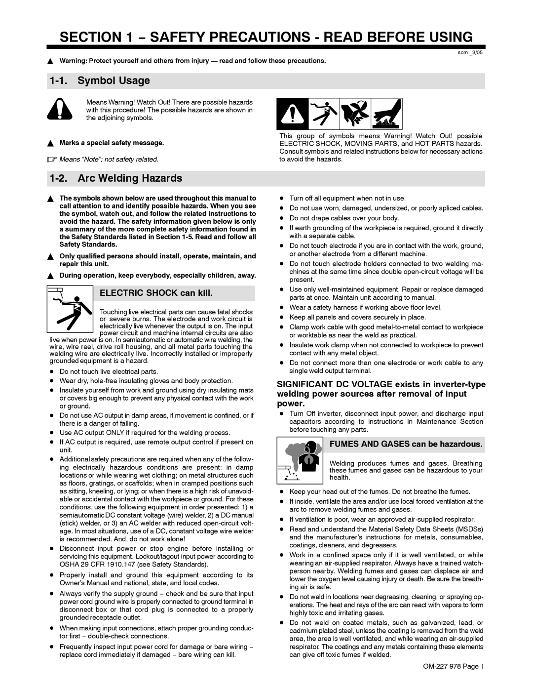 Hobart Welding Products 210 Symbol Usage, Arc Welding Hazards, Electric Shock can kill, Fumes and Gases can be hazardous 