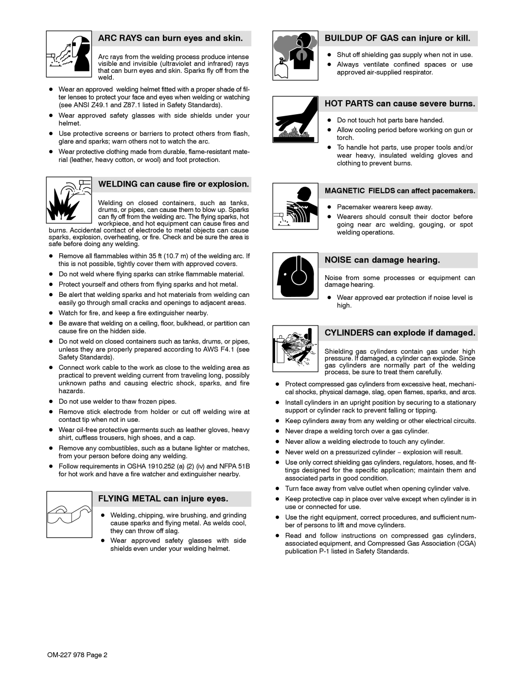 Hobart Welding Products 210 ARC Rays can burn eyes and skin, Welding can cause fire or explosion, Noise can damage hearing 