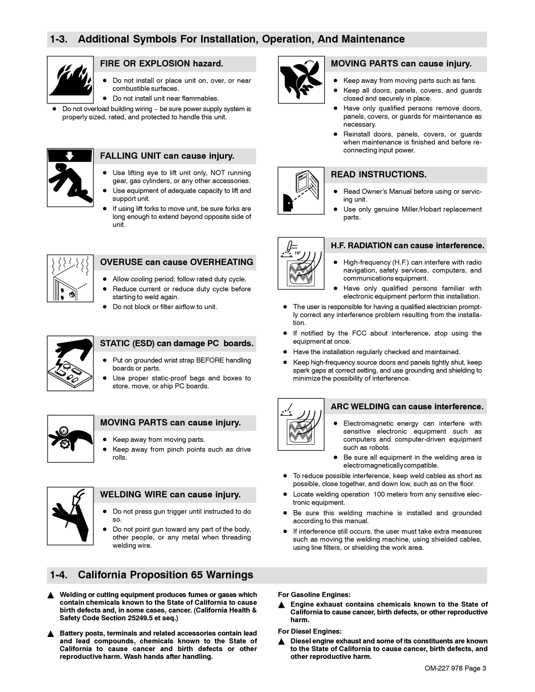 Hobart Welding Products 210 manual California Proposition 65 Warnings 