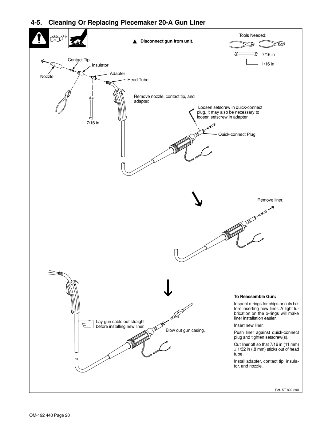 Hobart Welding Products 2250 Cleaning Or Replacing Piecemaker 20-A Gun Liner, Disconnect gun from unit, To Reassemble Gun 