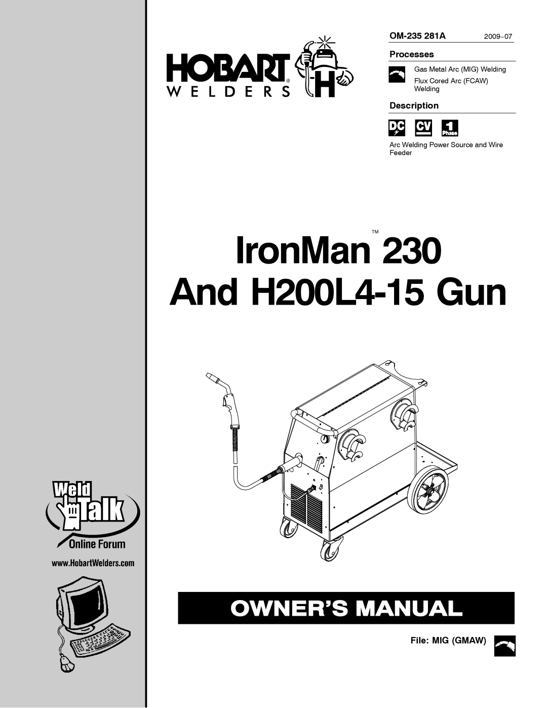 Hobart Welding Products 230 manual OM-235 281A, Processes, Description, File MIG Gmaw, 2009−07 