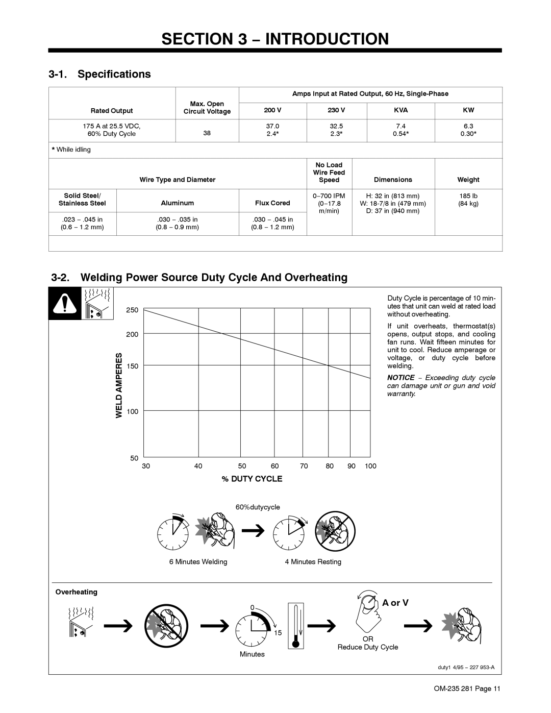 Hobart Welding Products 230 manual Specifications, Welding Power Source Duty Cycle And Overheating 