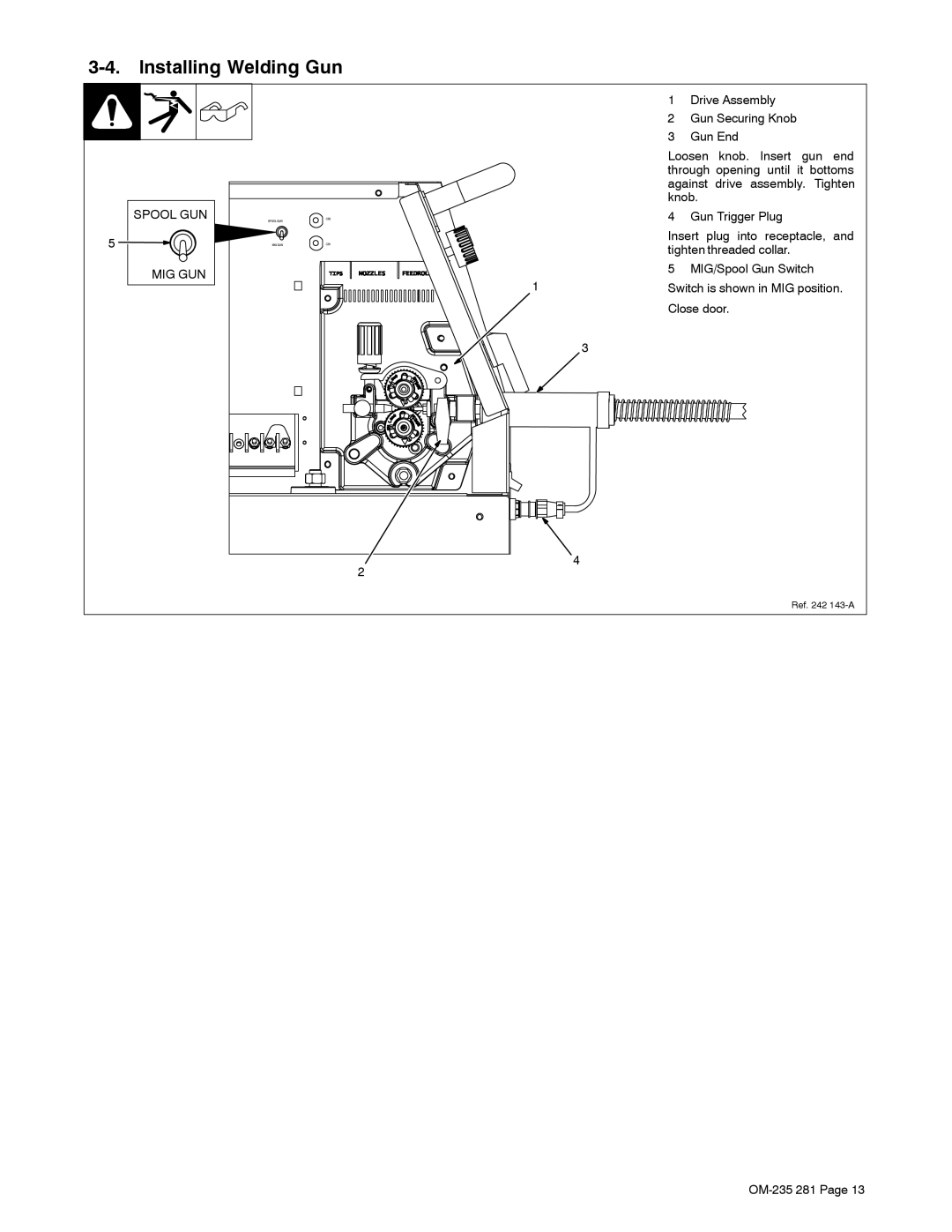 Hobart Welding Products 230 manual Installing Welding Gun, Mig Gun 