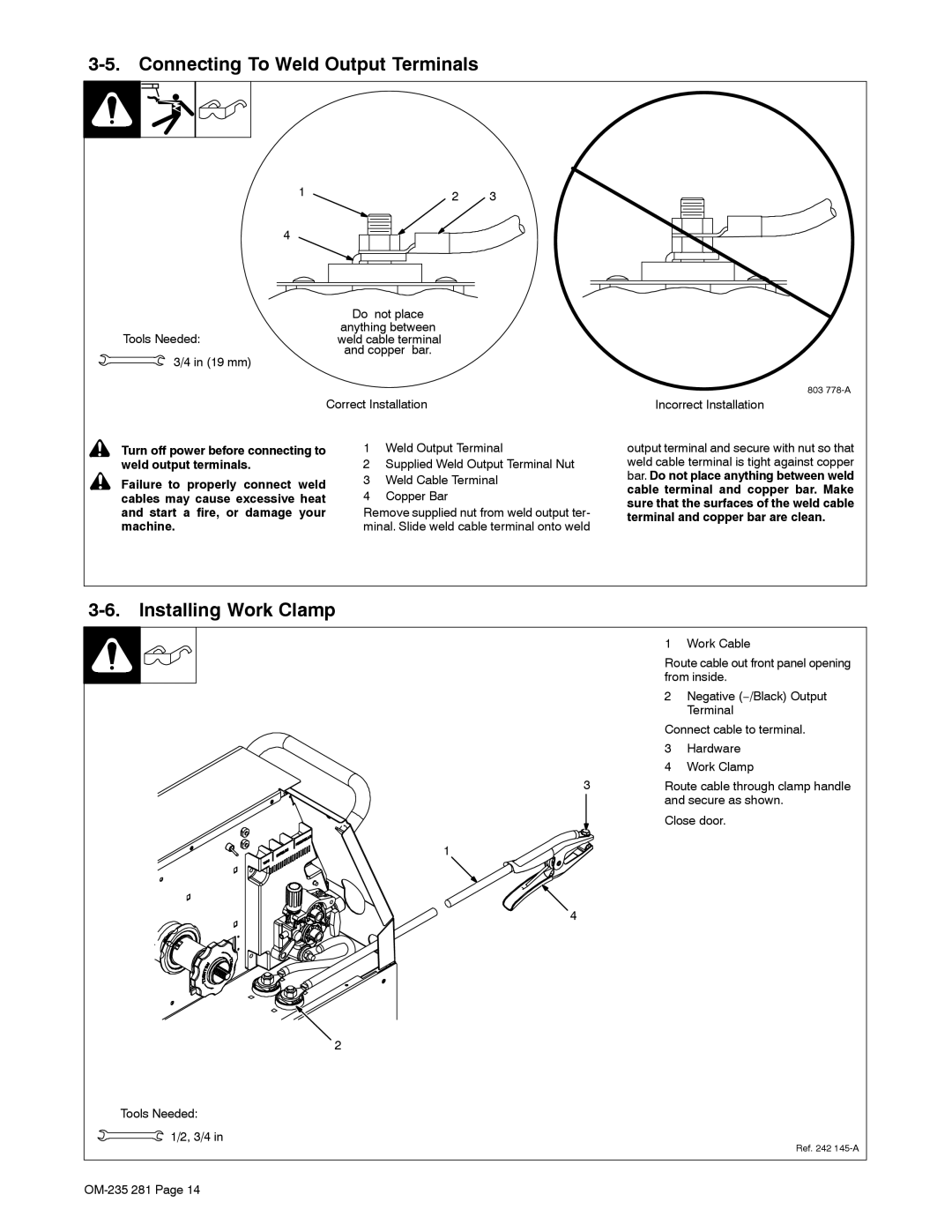 Hobart Welding Products 230 manual Connecting To Weld Output Terminals, Installing Work Clamp 