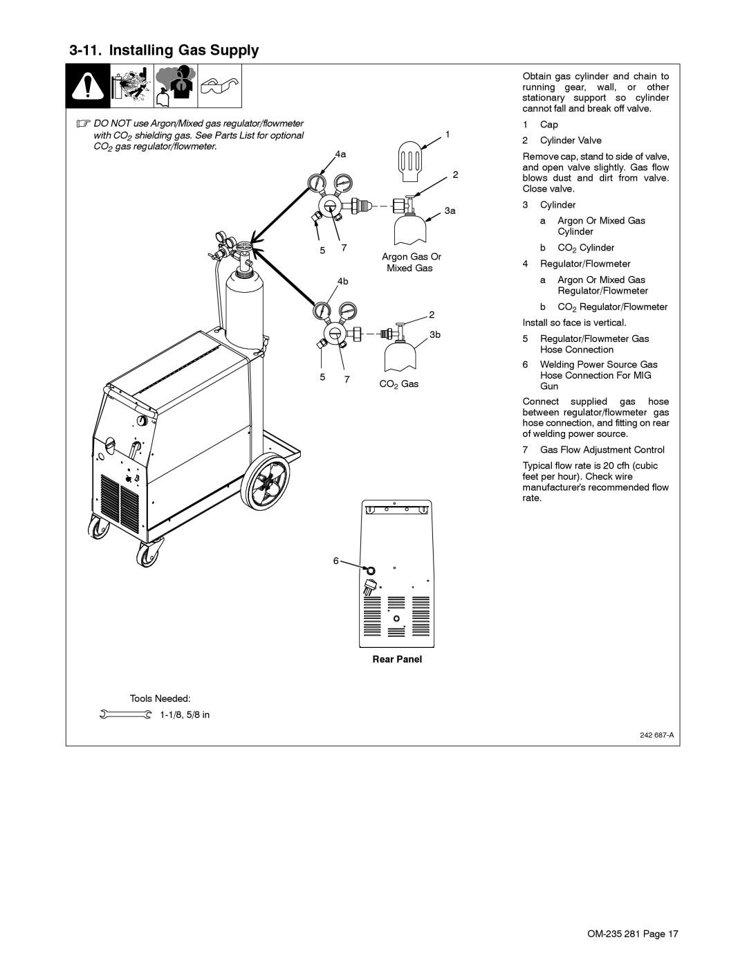 Hobart Welding Products 230 manual Installing Gas Supply, Rear Panel, Tools Needed 1-1/8, 5/8 