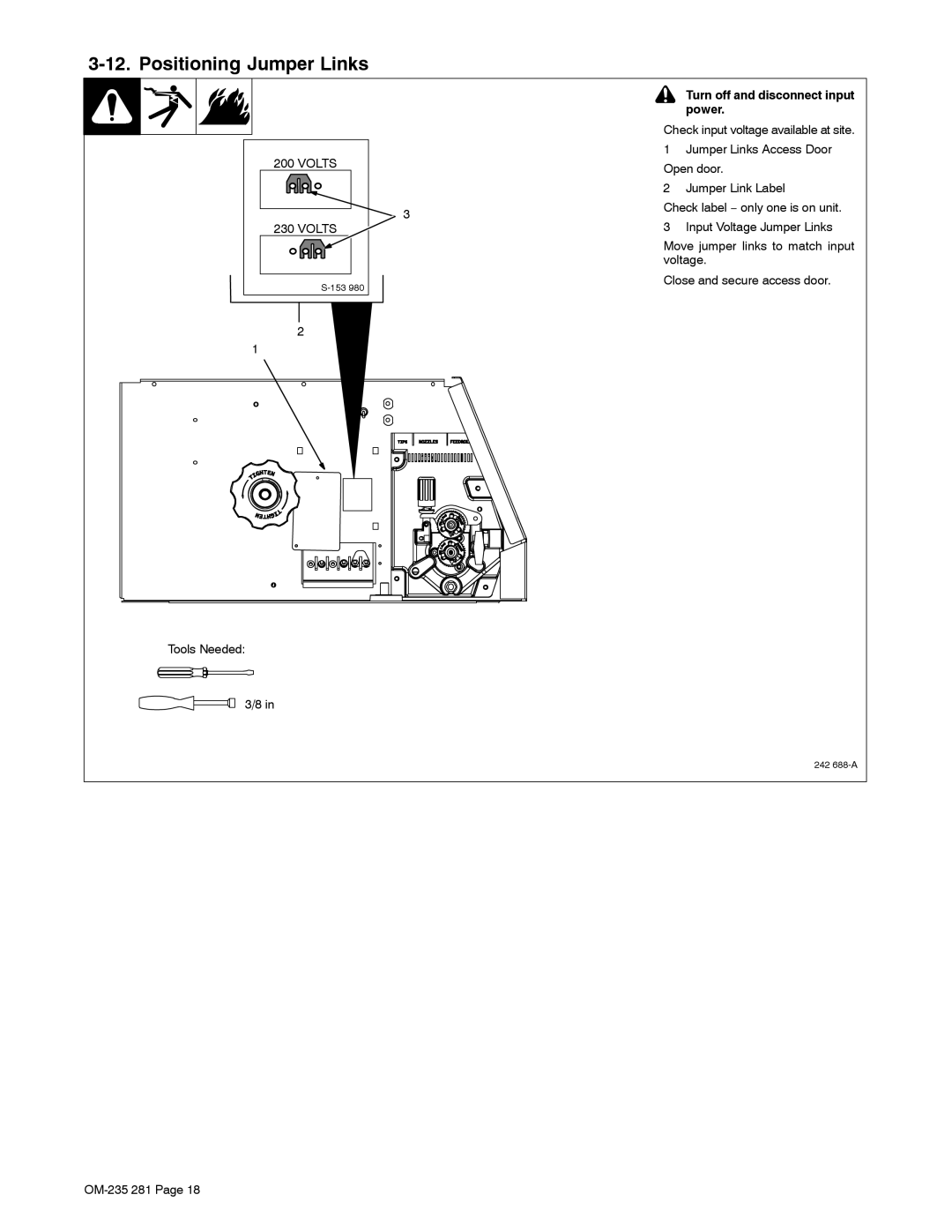 Hobart Welding Products 230 manual Positioning Jumper Links, Turn off and disconnect input power 