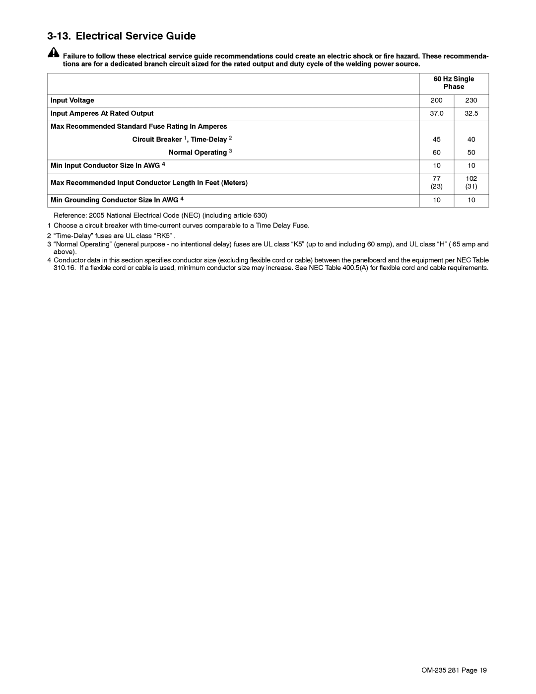 Hobart Welding Products 230 manual Electrical Service Guide, Hz Single, Input Voltage, Input Amperes At Rated Output 