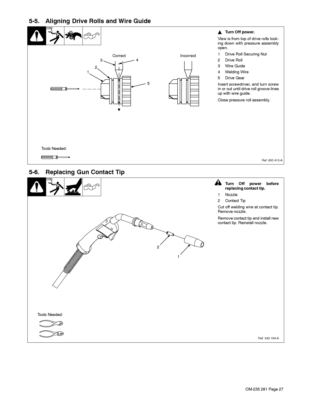 Hobart Welding Products 230 manual Aligning Drive Rolls and Wire Guide, Replacing Gun Contact Tip 