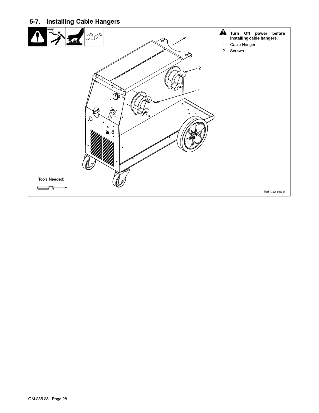 Hobart Welding Products 230 manual Installing Cable Hangers, Turn Off power before Installing cable hangers 