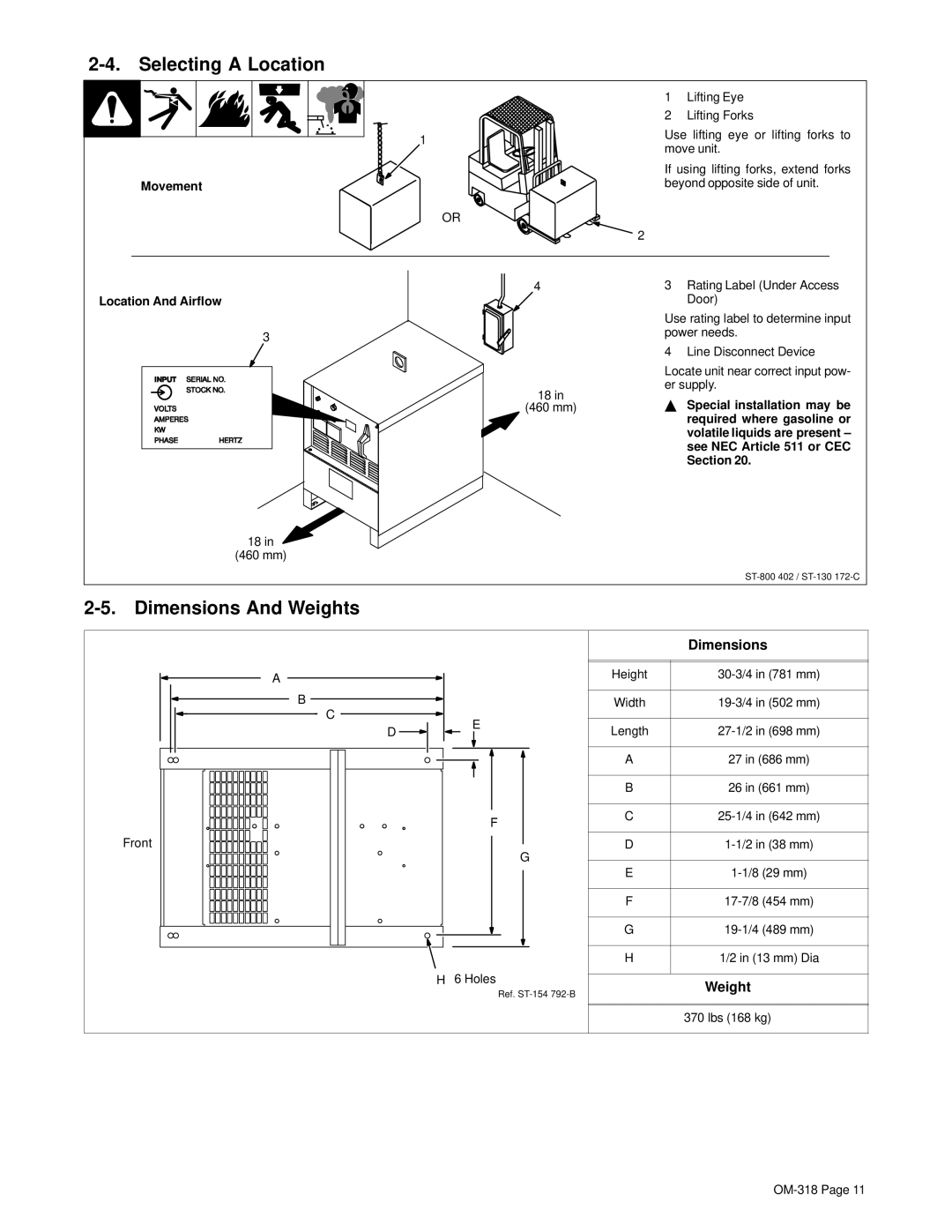 Hobart Welding Products 300 DC, 300 AC manual Selecting a Location, Dimensions And Weights 