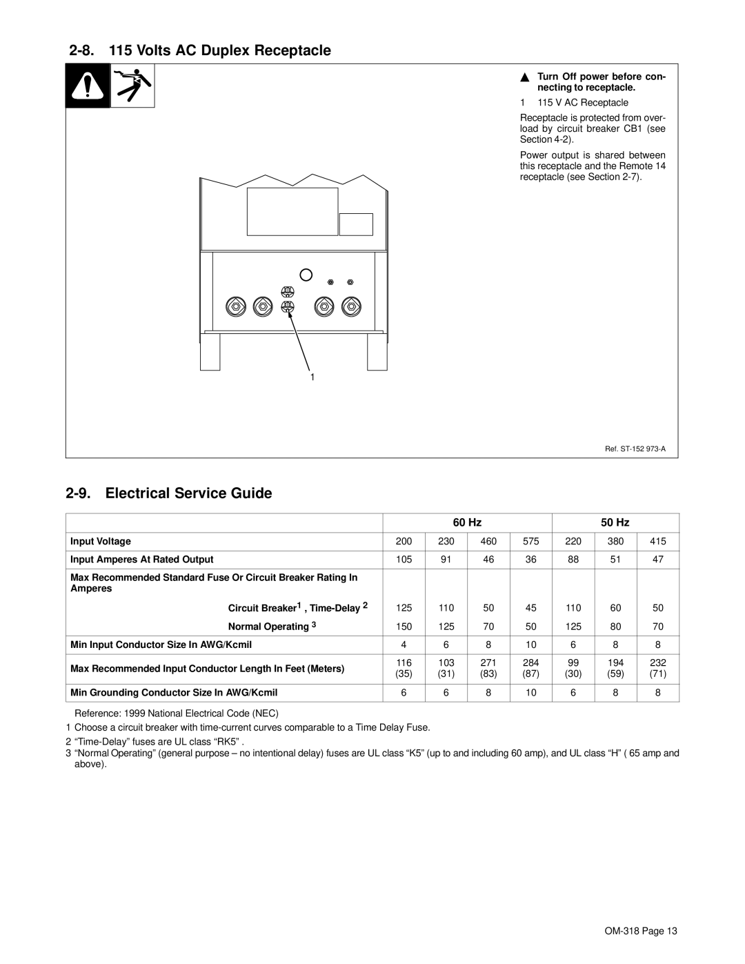 Hobart Welding Products 300 DC, 300 AC manual Volts AC Duplex Receptacle, Electrical Service Guide, 60 Hz 50 Hz 