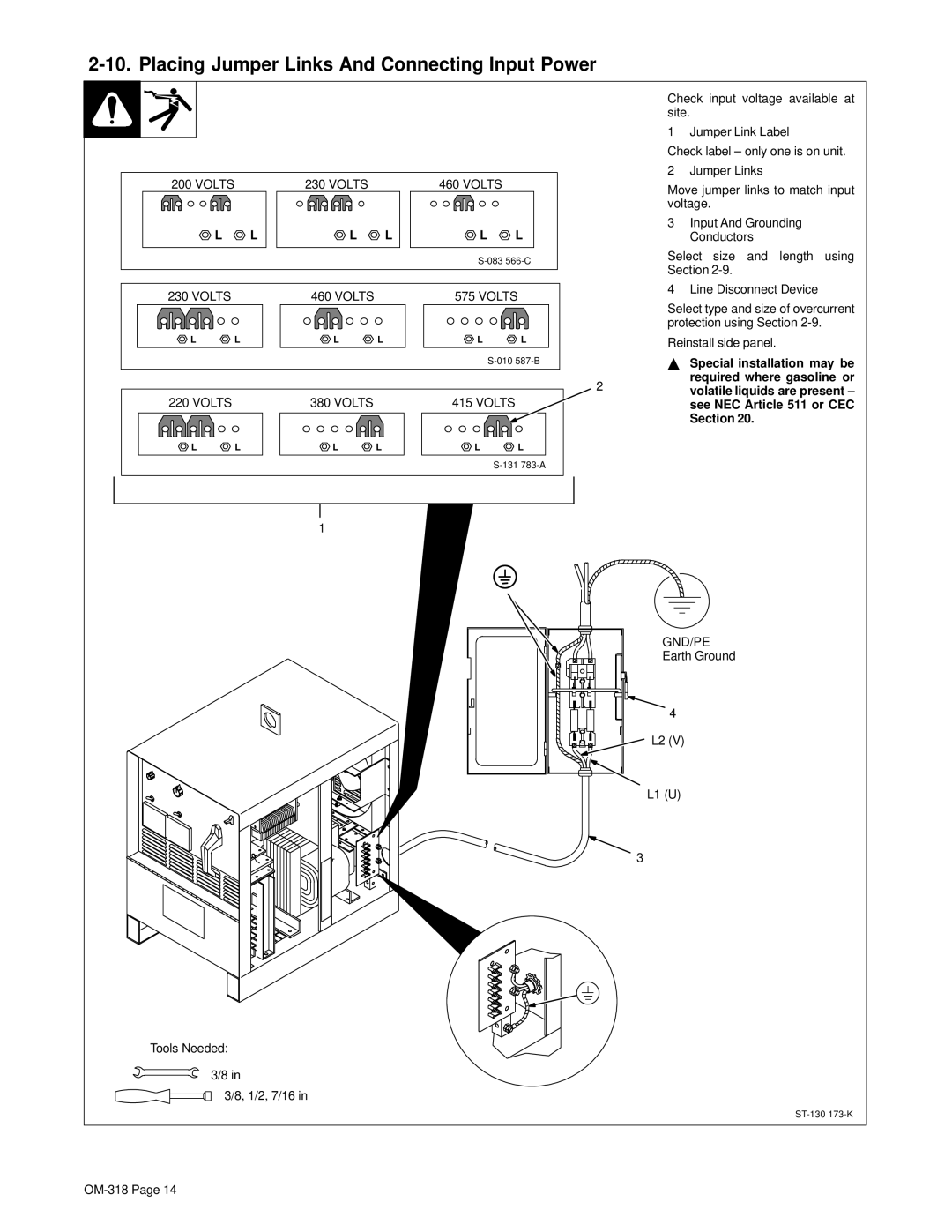 Hobart Welding Products 300 AC manual Placing Jumper Links And Connecting Input Power, Special installation may be, Section 