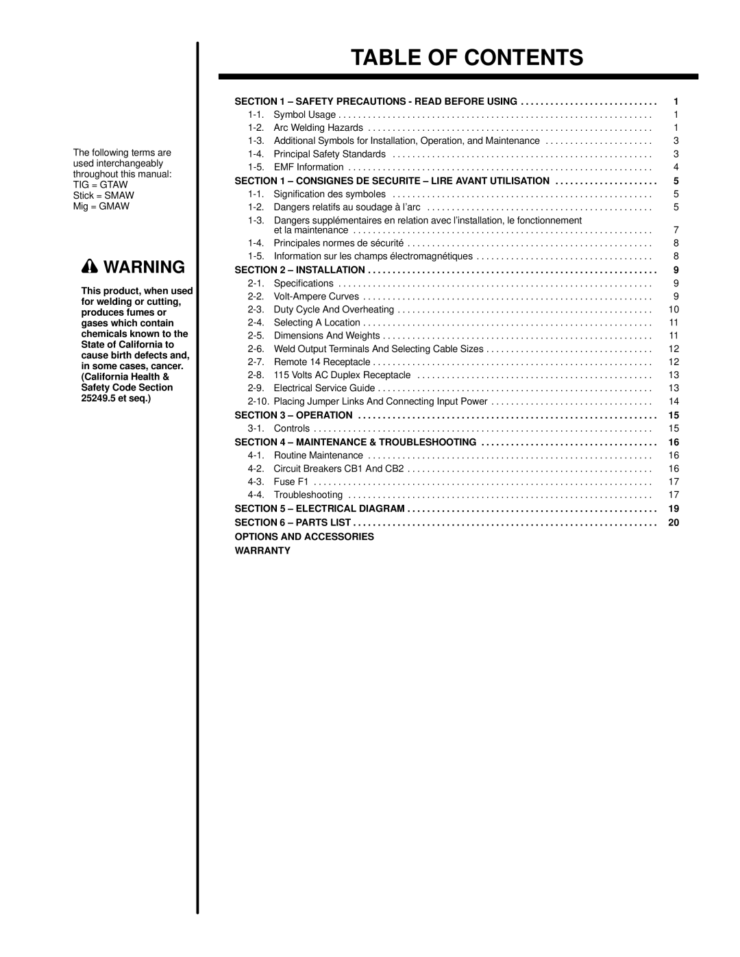 Hobart Welding Products 300 DC, 300 AC manual Table of Contents 