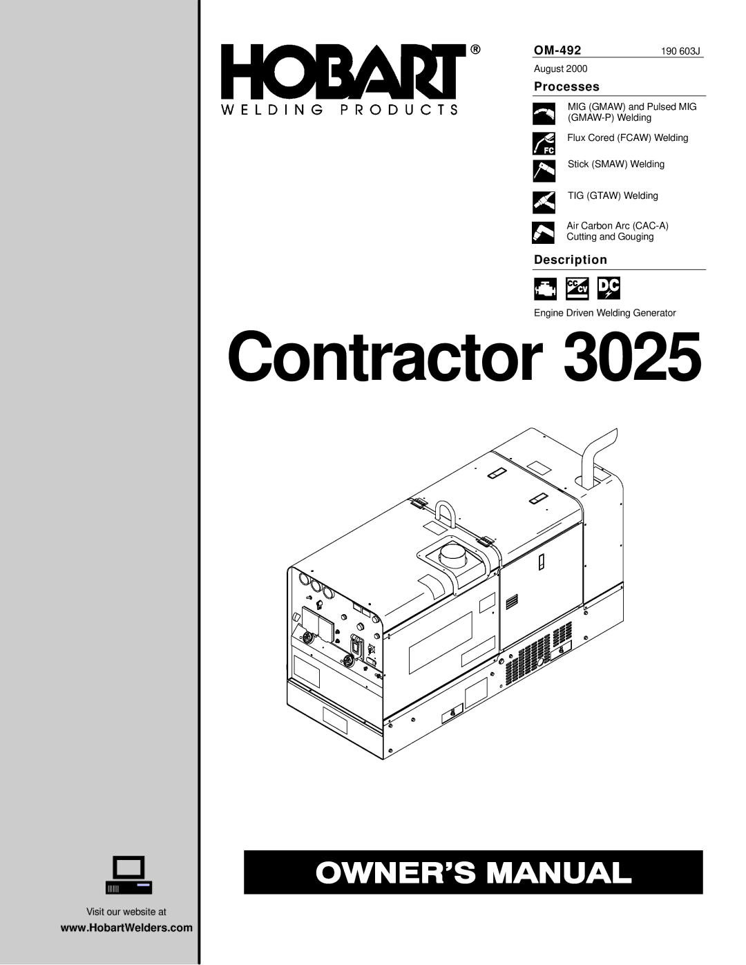 Hobart Welding Products 3025 manual OM-492, Processes, Description 