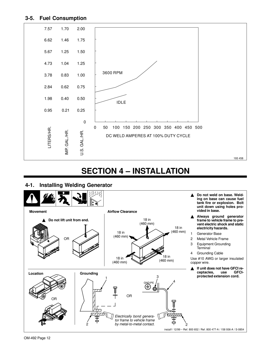 Hobart Welding Products 3025 manual Installation, Fuel Consumption, Installing Welding Generator, Location Grounding 