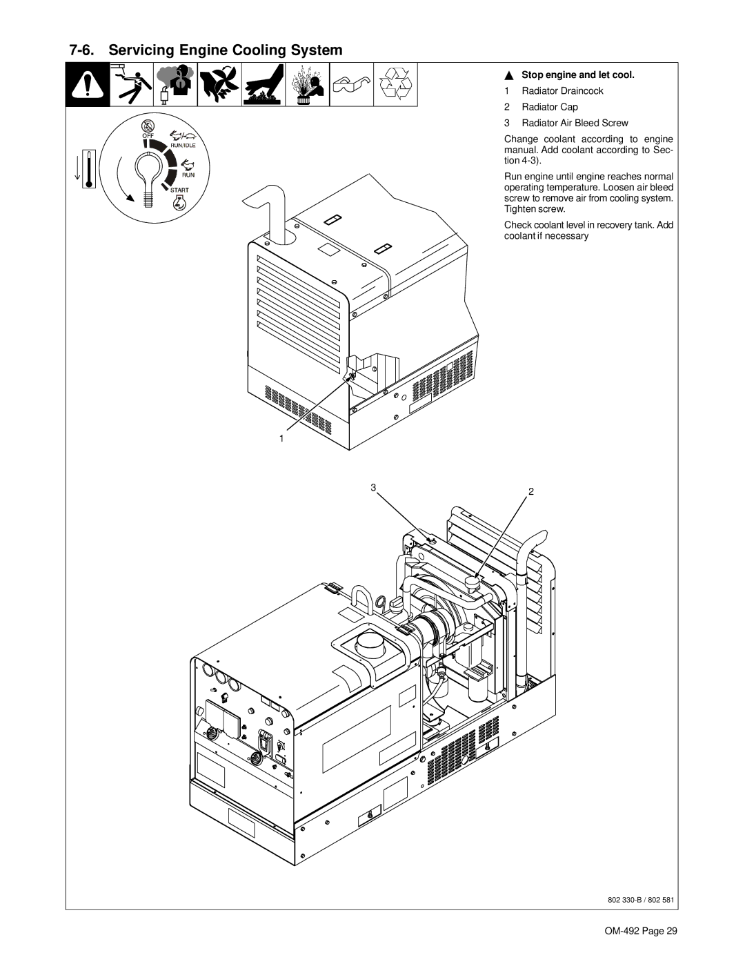 Hobart Welding Products 3025 manual Servicing Engine Cooling System 