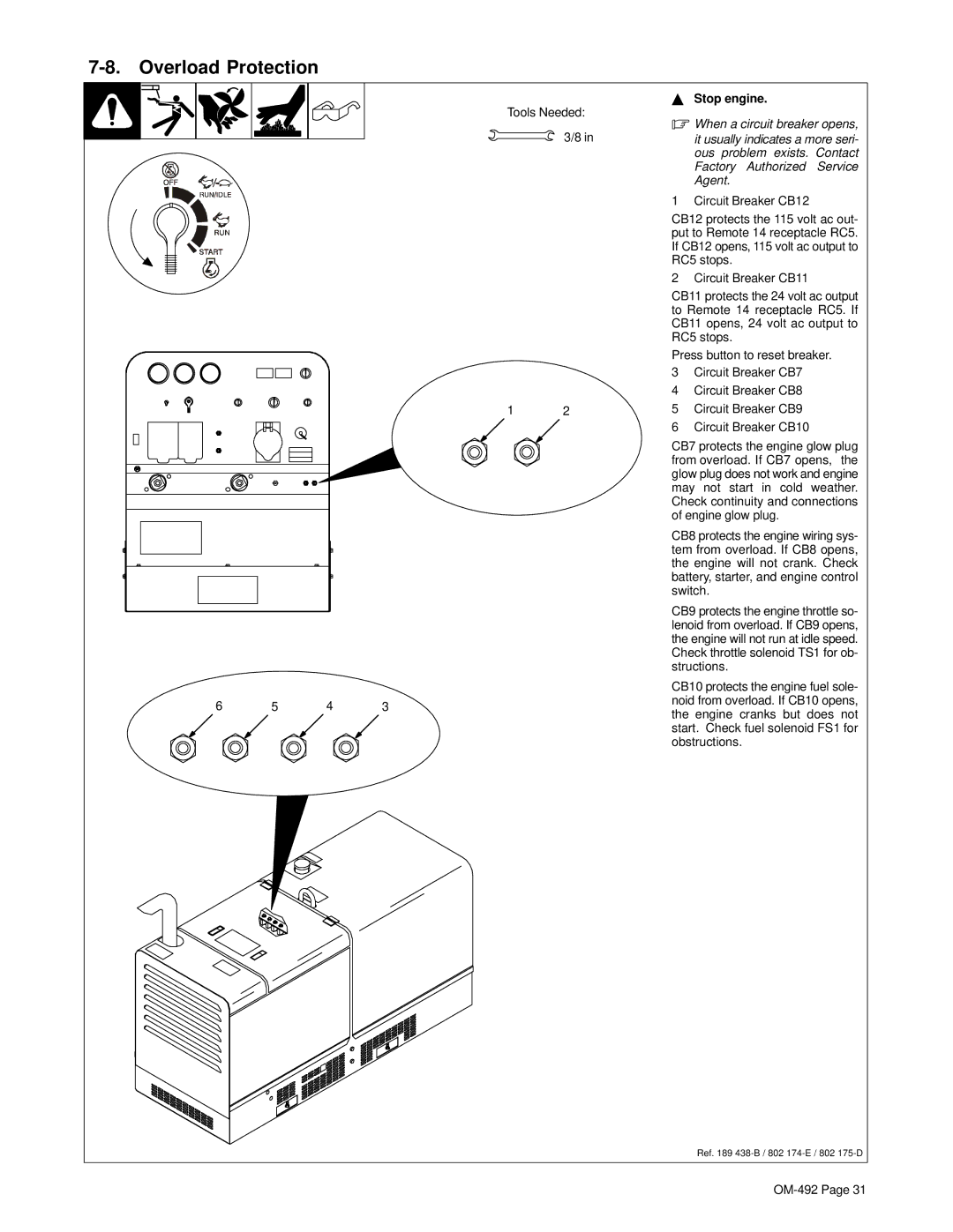 Hobart Welding Products 3025 manual Overload Protection, Stop engine 