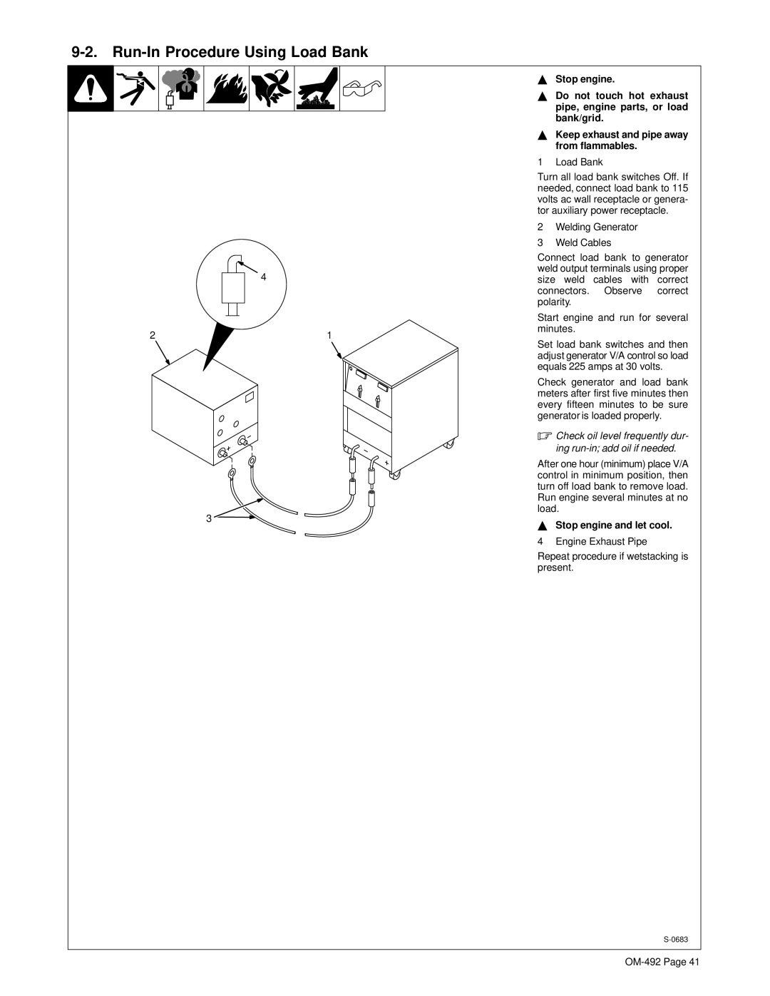 Hobart Welding Products 3025 manual Run-In Procedure Using Load Bank, Welding Generator Weld Cables 