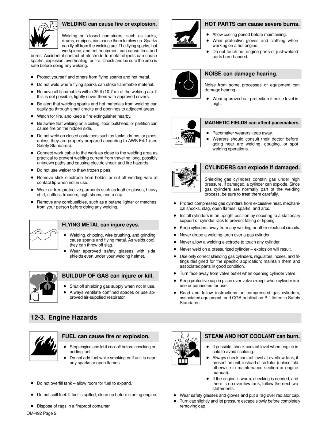 Hobart Welding Products 3025 manual Engine Hazards 