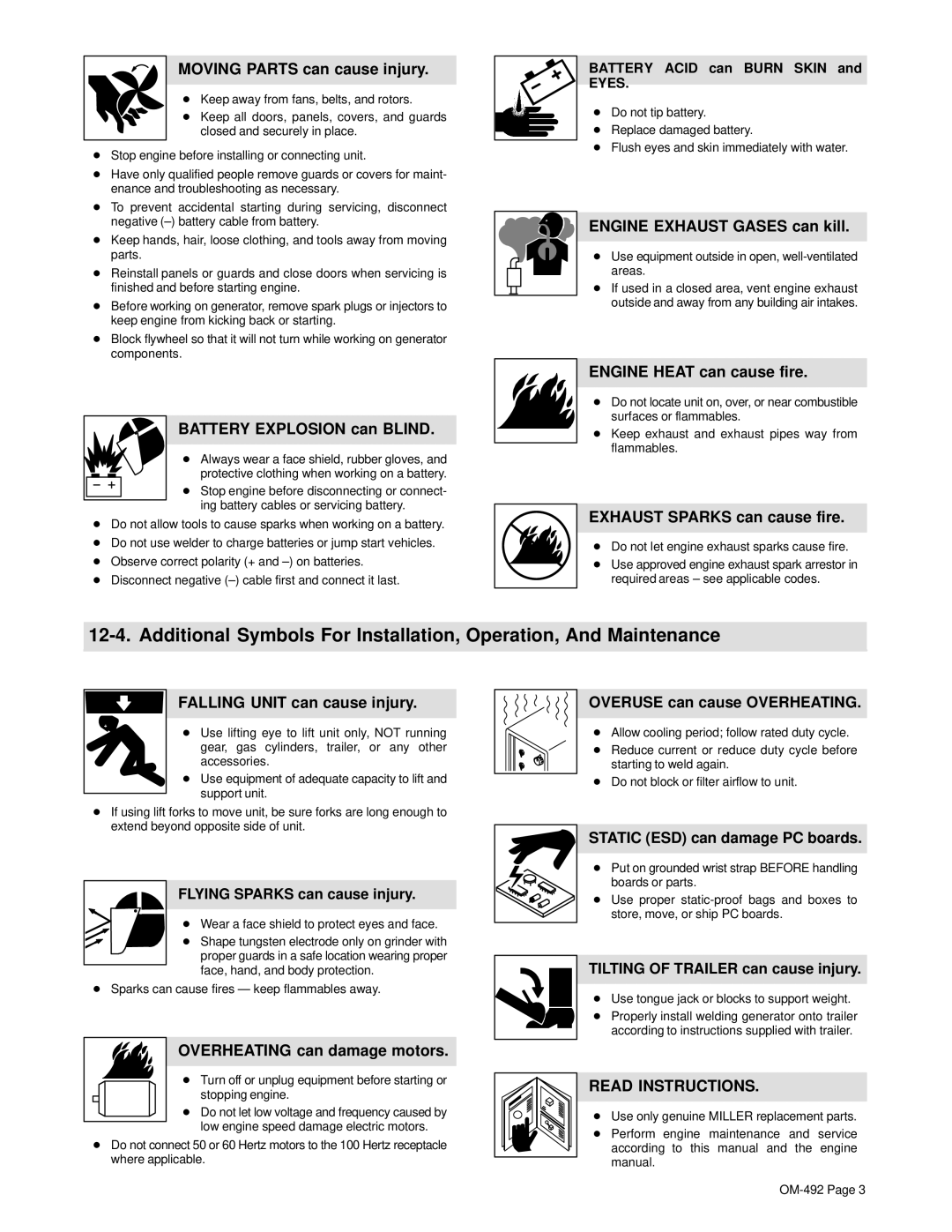 Hobart Welding Products 3025 Moving Parts can cause injury, Battery Explosion can Blind, Engine Exhaust Gases can kill 