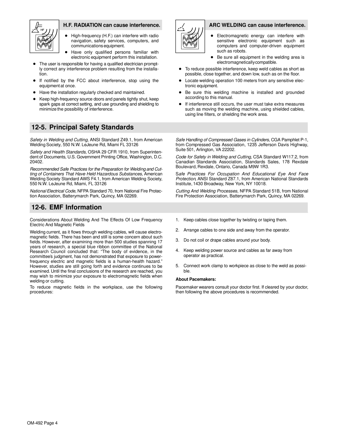 Hobart Welding Products 3025 manual Principal Safety Standards, EMF Information, Radiation can cause interference 